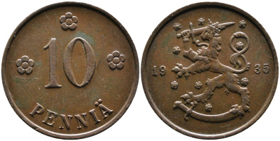 Финляндия 10 пенни 1935 республика (1918-1962) KM 24 медь 4388-537