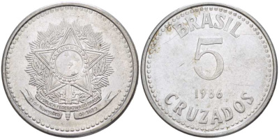 Бразилия 5 крузадо 1986 реформа (1986-1989) KM 606 нержавеющая сталь 24-121