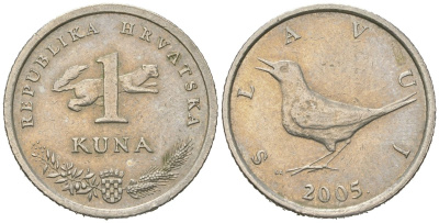 Хорватия 1 куна 2005 западный соловей, легенда на хорватском KM 9.1 медь цинк никель 4448-734
