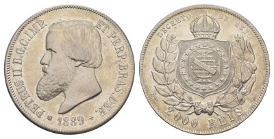 Бразилия 2000 реалов (рейсов) 1889 Педро II (1831-1889) KM 485 серебро 1520-514