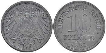 ГЕРМАНИЯ 10 ПФЕННИГОВ 1921 (1917-1922) KM 26, J. 299, Weege 8 цинк 210-235