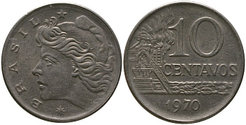 Бразилия 10 сентаво 1970 KM 578.2, Schon 83a нержавеющая сталь 4577-537