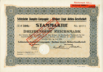 Германия 300 рейхсмарок 1928 Силезская пароходная компания, АО Берлинского Ллойда, акция   бумага   8801-27-1