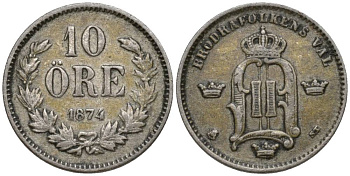 Швеция 10 эре 1874 ST, Оскар II (1872-1907) король Швеции и Норвегии, проба 400 KM 737 серебро 4549-1162