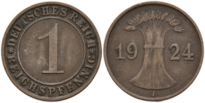 Германия 1 рейхспфенниг 1924 J KM 37, J. 313 бронза 4516-355