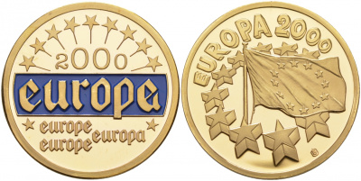 ЕВРОПА МЕДАЛЬ 2000 ОБЪЕДИНЕНИЕ ЕВРОПЫ, ЦВЕТНАЯ ЭМАЛЬ медно-никель PROOF 1087-9-42