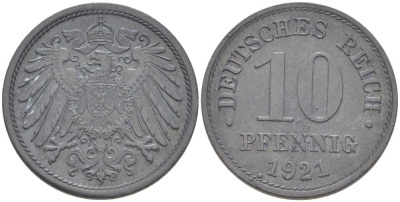ГЕРМАНИЯ 10 ПФЕННИГОВ 1921 (1917-1922) KM 26, J. 299, Weege 8 цинк 210-235