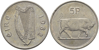 ИРЛАНДИЯ 5 ПЕНСОВ 1982 БЫК KM 22 медно-никель 261-326