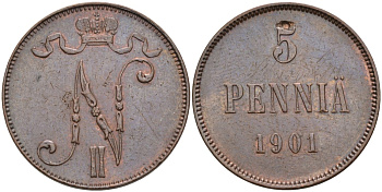 Россия для Финляндии 5 пенни 1901 Николай II (1894-1917), Гельсингфорсский мондвор KM 15, Биткин 445, Конрос 488/15 медь 4591-313