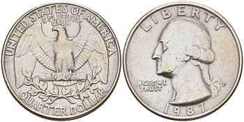 США 25 ЦЕНТОВ = КВОТЕР 1987 P, ВАШИНГТОН KM А164a медь плакированная медно-никелем 190-347