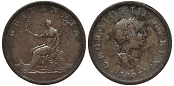 Великобритания 1/2 пенни 1807 Георг III (1760-1820) KM 662, Spink 3781 медь 1521-1532