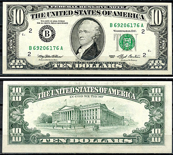 США 10 долларов 1993 B - Нью-Йорк Pick 492 бумага аUNC 6294-25-2-2