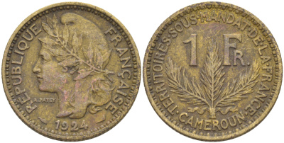 Французский Камерун 1 франк 1924 (а), монетный двор Париж KM 2 алюминиевая бронза 25-2115