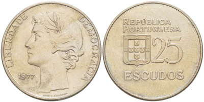 ПОРТУГАЛИЯ 25 ЭСКУДО 1977 KM 607 медно-никель 4521-314