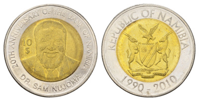 Намибия 10 долларов 2010 20 лет Банку Намибии KM 21 биметалл UNC 4661-144