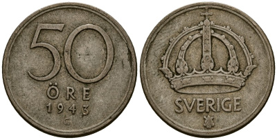Швеция 50 эре 1943 Густав V (1907-1950) KM 817 серебро 4177-923