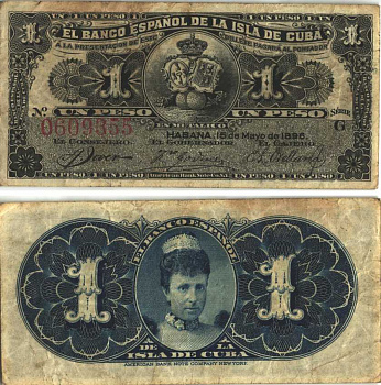 Куба 1 песо 1896 серия G, королева регент Мария Кристина, Испанский банк для Кубы Pick 47a  бумага   8614-19-1-1