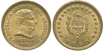 Уругвай 1 песо 1965 KM 46 алюминиевая бронза 108-1142