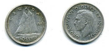 Канада 10 центов 1943 Георг VI (1936-1952), парусник KM 34 серебро 46-1241