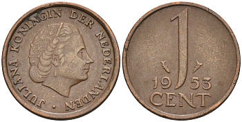 Нидерланды 1 цент 1953 Юлиана (1948-1980) КМ 180 бронза    4174-545