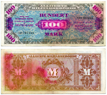 Германия, оккупация союзниками 100 марок 1944 8 цифр, без кода, выпуск СССР Pick 197 d, Розенберг 206 d бумага 2195-29-2-2