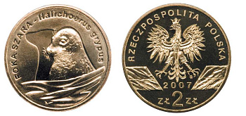 Польша 2 злотых 2007 MW, серия всемирная природа, длинномордый тюлень KM 578 латунь UNC 603-1043