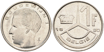 Бельгия 1 франк 1990 Belgie КМ 171 никелированная сталь 4564-1251