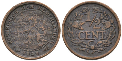 Нидерланды 1/2 цента 1928 Вильгельмина (1890-1948) KM 138 бронза 4576-455