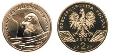 Польша 2 злотых 2007 MW, серия всемирная природа, длинномордый тюлень KM 578 латунь UNC 603-1043