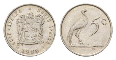 ЮАР 5 центов 1988 герб, райский журавль KM 84 никель 4627-213