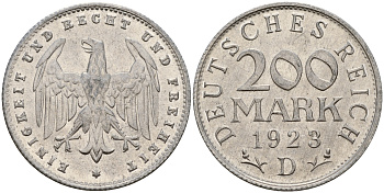 Германия 200 марок 1923 D KM 35, J. 304 алюминий 4595-243