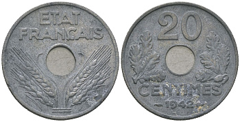 Франция 20 сантиов 1942 KM 900.1, Le Franc 153/2 цинк 4584-956