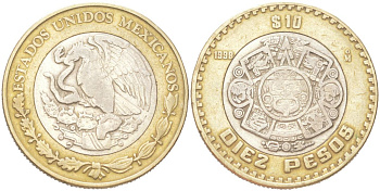 Мексика 10 песо 1998 Мо, бог Тонатиуха с огненной маской KM 616 биметалл 4156-1022