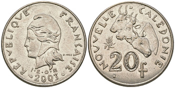 Французская Новая Каледония 20 франков 2003 три быка, (IEOM) KM 12, Schoen 14, Lec 15g никель 4131-645