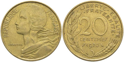 ФРАНЦИЯ 20 САНТИМОВ 1970 ТИП MARIANNE KM 930, LE FRANC 156.10 медь алюминий никель 175-834