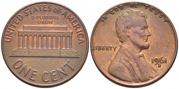 США 1 цент 1961 D, Авраам Линкольн KM 201 медь цинк 105-1058