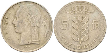 БЕЛЬГИЯ 5 ФРАНКОВ 1961 BELGIQUE, БОДУЭН I (1951-1993) KM 134.1 медно-никель 202-1234