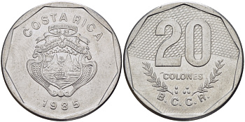 КОСТА-РИКА 20 КОЛОН 1985 сс KM 216.2 нержавеющая сталь 82-136