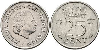 НИДЕРЛАНДЫ 25 ЦЕНТОВ 1957 ЮЛИАНА KM 183 никель 96-136