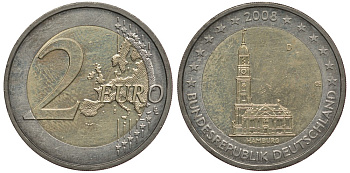 ФРГ 2 евро 2008 D, серия федеральные земли, церковь Св. Михаила в Гамбурге KM 261 биметалл 3856-642