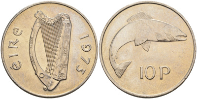 Ирландия 10 пенсов 1973 лосось KM 23 медно-никель UNC 4583-336