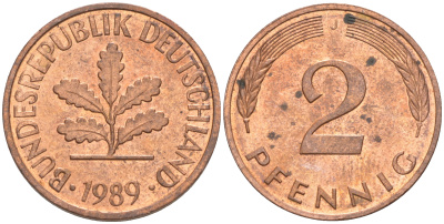 ФРГ 2 пфеннига 1989 J KM 106а, J. 381а сталь плакированная медью 55-1233
