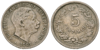 Люксембург 5 сантимов 1901 Адольф (1890-1905) KM 24 никель 4615-515