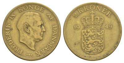 Дания 2 кроны 1949 N, Фредерик IX (1947-1972) KM 838 алюминиевая бронза 4634-526
