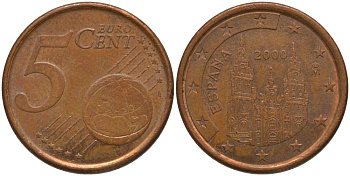 Испания 5 евроцентов 2000 KM 1042 сталь плакированная медью 181-216