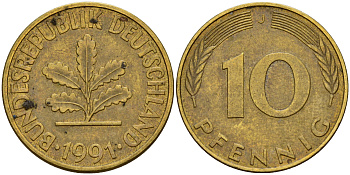 ФРГ 10 пфеннигов 1991 J J. 383, KM 108 сталь плакированная латунью    4603-636