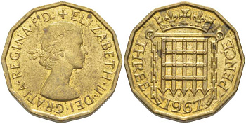 Великобритания 3 пенса 1967 Елизавета II (1952-2022) KM 900, Spink 4153 никель латунь 175-623