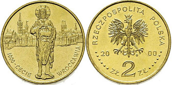 Польша 2 злотых 2000 MW, 1000 лет Вроцлаву KM 389 нордик  UNC  4521-913