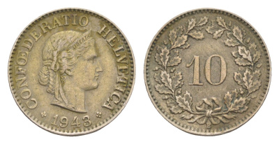 Швейцария 10 раппенов 1943 B KM 27 медно-никель 4643-342