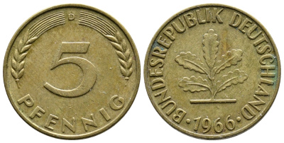ФРГ 5 ПФЕННИГОВ 1966 D KM 107, J.382 сталь плакированная латунью 26-1131